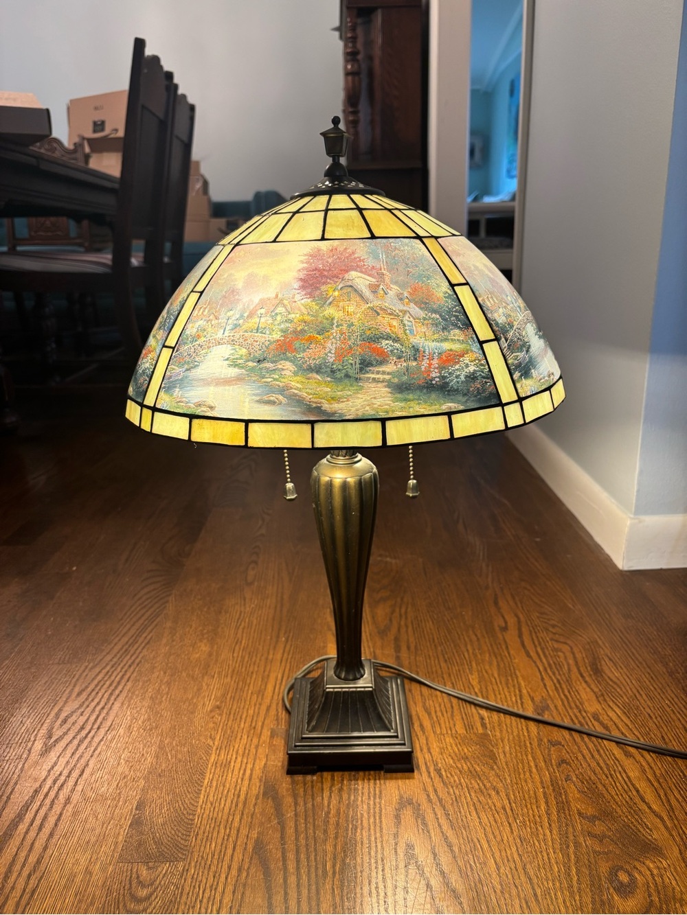 Decorative Cottage Scene Stained Glass Table Lamp - Yellow Shade